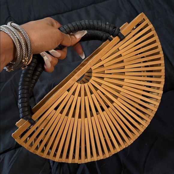 Bamboo Semi-Circle Handbag with Black Wrapped Handle - Picture 3 of 4